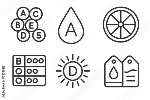 Nutrition Science Icons. Line style icons of nutrition science: vitamins, vitamin A drop, vitamin B complex chart, vitamin C