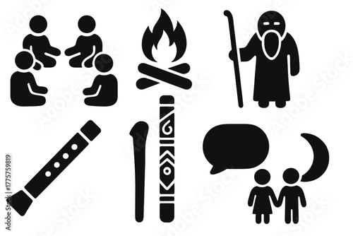 Storytelling Icons Collection. Solid style icons of storytelling: talking circle, fire pit, elder figure, flute, carved stick,