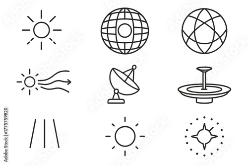 Dyson Sphere Elements. Line style icons of Dyson Sphere: Stellar Energy, Solar Collector Array, Megastructure Frame, Energy Stream