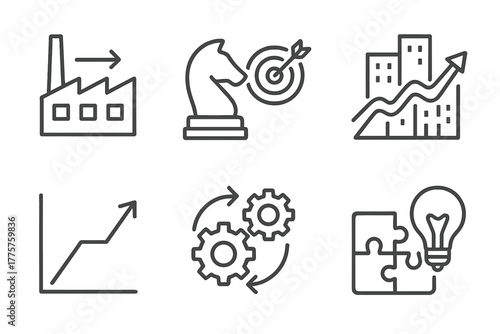 Mergers & Acquisitions Icons. Line style icons of mergers & acquisitions: industry consolidation icon, competitive advantage,