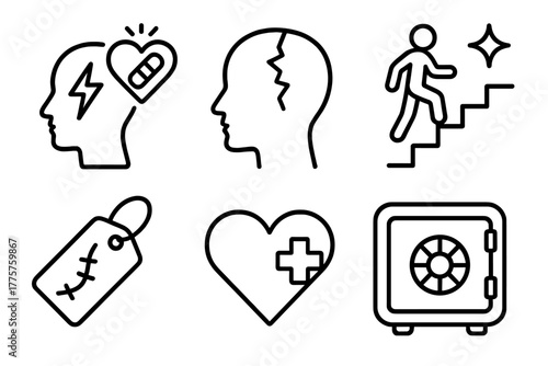 Mental Health Icons. Line style icons of mental health: trauma and healing, broken mind symbol, healing steps icon, emotional scar
