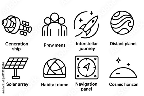 Generation Ship Icons. Line style icons of Generation Ship: Starship Ark, Crew Members, Interstellar Journey, Distant Planet,
