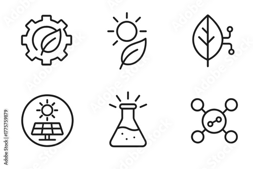 Artificial Photosynthesis Icons. Line style icons of artificial photosynthesis: artificial photosynthesis logo, green leaf with