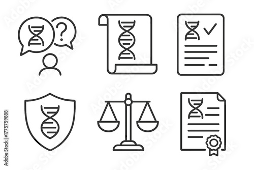 Genetic Engineering Icons. Line style icons of genetic engineering: ethical debate icon, genetic patent scroll, consent form,