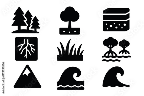 Natural Sequestration Icons. Solid style icons of natural sequestration: forest, tree, soil layers, roots, grassland, mangrove,