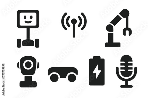 Telepresence Robots Icons. Solid style icons of telepresence robots: robot on wheels, antenna, screen face, arm, camera, base