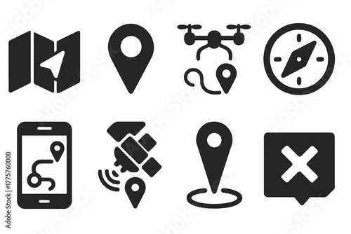 Smart Navigation Icons. Solid style icons of Smart Navigation: GPS map, location pin, drone path, compass, route planner, tracking