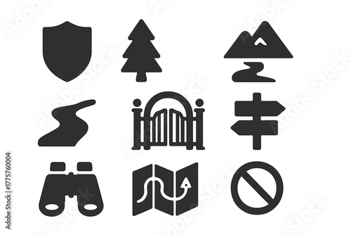 Protected Area Icons. Solid style icons of protected areas: shield, forest tree, mountain, river, park gate, signpost, binoculars,