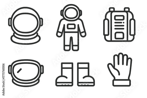 Space Exploration Icons. Line style icons of space exploration: astronaut helmet, space suit icon, life support pack, helmet visor