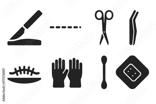 Surgical Instruments Icons. Solid style icons of incisions: scalpel, dotted line, surgical scissors, tweezers, stitched wound,