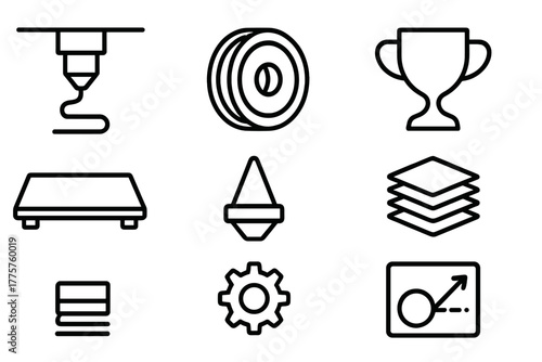 3D Printing Icons. Line style icons of 3D Printing: Printer Extruder, Plastic Filament, Finished Object, Layer Stack, Print Bed,
