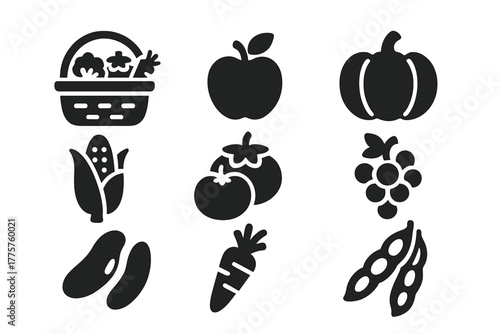 Garden Harvest Icons. Solid style icons of garden harvest: basket of vegetables, apple, pumpkin, corn, tomatoes, grapes, beans,