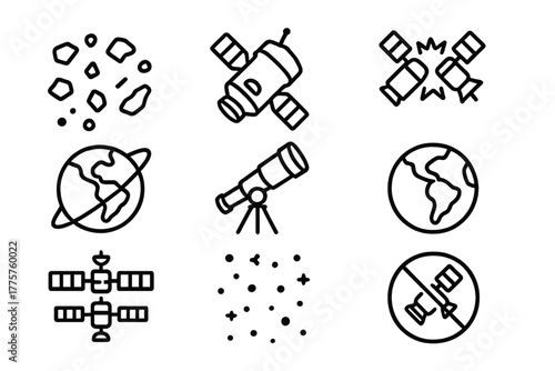 Space Junk Icons. Line style icons of Space Junk: Space Fragment, Defunct Orbital Object, Collision Risk, Orbit Path, Telescope,