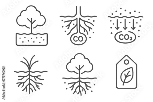 Carbon Capture Icons. Line style icons of carbon capture: forest soil carbon storage, roots with CO2 symbol, underground
