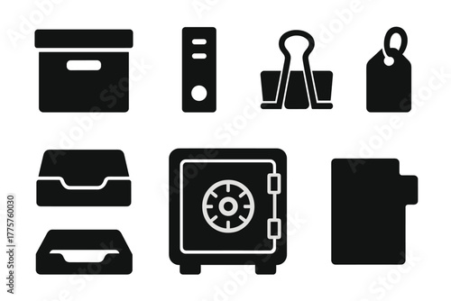 Organizational Icons Collection. Solid style icons of organizational items: storage box, archive folder, binder clip, label tag,