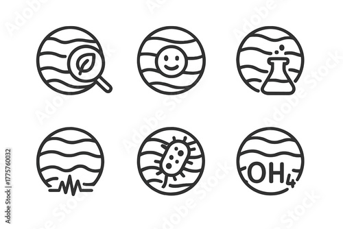 Exoplanet Biosignature Icons. Line style icons of exoplanets: biosignature detection, life indicator icon, atmospheric biomarker,