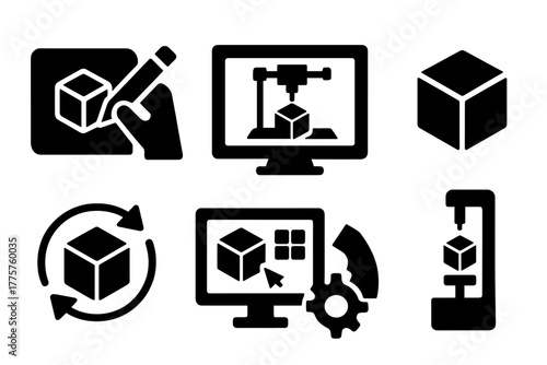 Rapid Prototyping Icons. Solid style icons of Rapid Prototyping: concept sketch, digital model, 3D printer, prototype part,