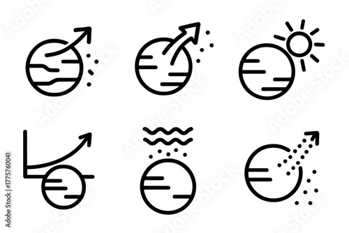 Exoplanet Iconography. Line style icons of exoplanets: atmospheric escape, hydrogen loss icon, radiation pressure, escape velocity