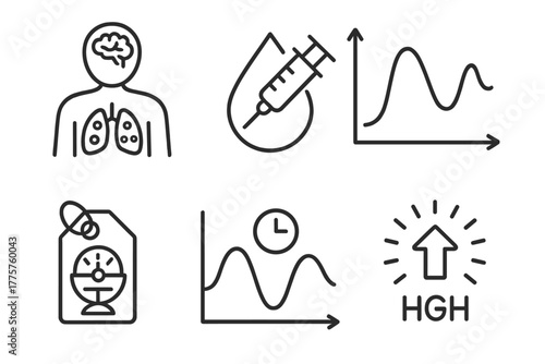 Intermittent Fasting Icons. Line style icons of intermittent fasting: hormonal changes, insulin drop icon, ghrelin curve chart,