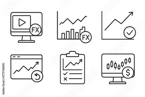 Forex Trading Line Icons. Line style icons of forex trading: forex simulator icon, historical chart data, backtest result chart,