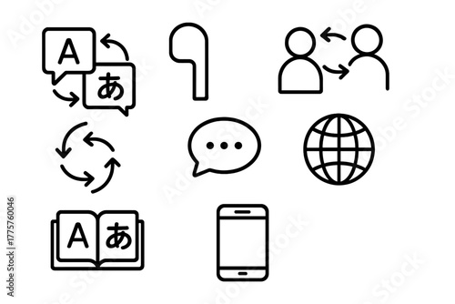 Language Translation Icons. Line style icons of Language Translation: Real-Time Translation, Earbud, Cultural Exchange,
