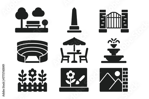 Public Space Icons. Solid style icons of public spaces: plaza, monument, park gate, amphitheater, street cafe, fountain, garden,