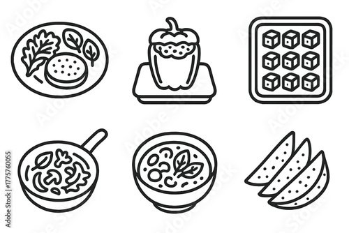 Vegan Diet Icons. Line style icons of vegan diet: vegan dinner meals, stuffed bell pepper icon, baked tofu cubes, stir-fried