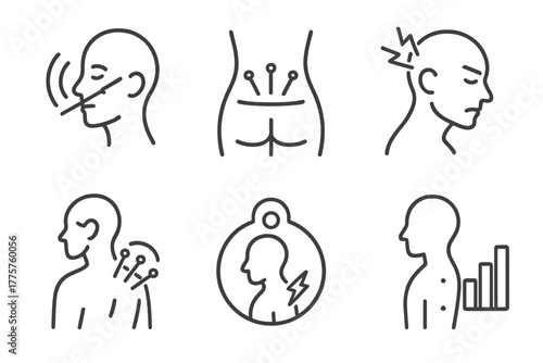 Acupuncture Icon Set. Line style icons of acupuncture: pain relief treatment, lower back needle icon, migraine point therapy,
