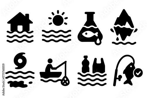 Climate Action Icons. Solid style icons of Climate Action Oceans: rising sea level, warming waters, acidification, melting iceberg