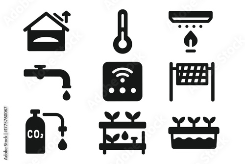 Smart Greenhouse Icons. Solid style icons of Smart Greenhouse: automated vent, temperature sensor, LED panel, irrigation tube,