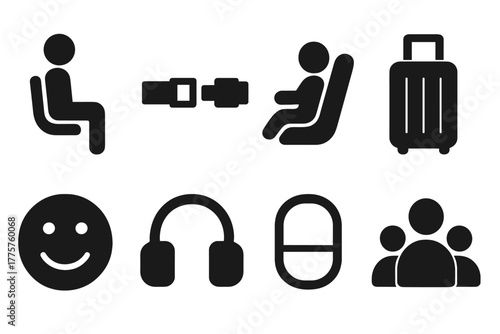 Air Travel Icons. Solid style icons of passengers: seated figure, seatbelt, child seat, luggage, smile face, headphones, window,
