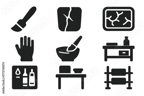 Artisan Restoration Icons. Solid style icons of Traditional Restoration: lacquer brush, gilded crack, sealing tray, artisan hand,
