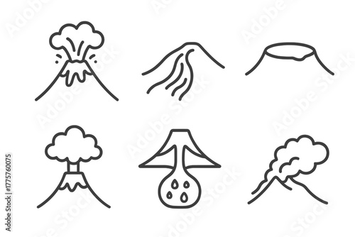 Volcanology Line Icons. Line style icons of volcanology: erupting volcano, lava flow, volcanic crater, ash cloud, magma chamber,