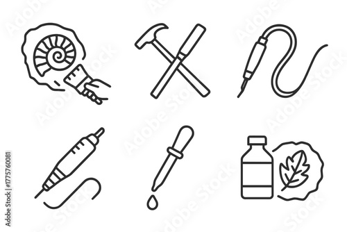 Paleontology Tool Icons. Line style icons of paleontology: fossil cleaning, preparation tools, air scribe, microdrill, consolidant