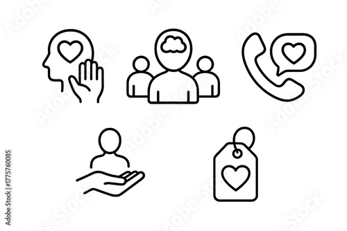 Mental Health Icons. Line style icons of mental health: support systems, group therapy icon, helpline symbol, helping hand,