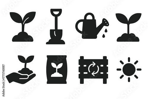 Restoration Ecology Icons. Solid style icons of restoration ecology: seedling, shovel, watering can, sprout, tree planting, soil
