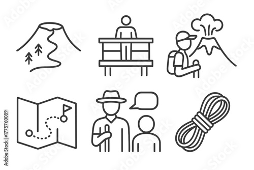 Volcanology Line Icons. Line style icons of volcanology: crater rim trail, observation deck, volcano tourism icon, hiking route