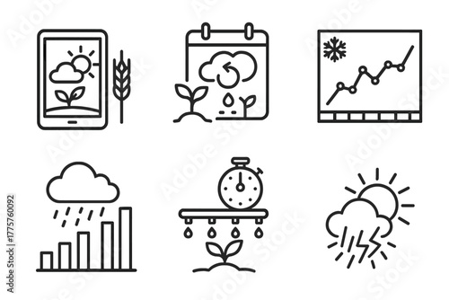 Meteorology Line Icons. Line style icons of meteorology: agricultural weather forecast, planting window, frost date chart,
