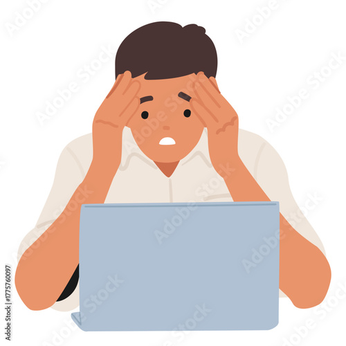 Stressed man cartoon character reading bad news looking at laptop screen isolated on white