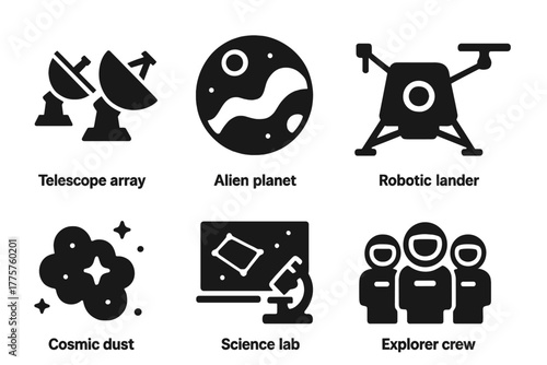Space Exploration Icons. Solid style icons of Interstellar Exploration: telescope array, alien planet, robotic lander, survey