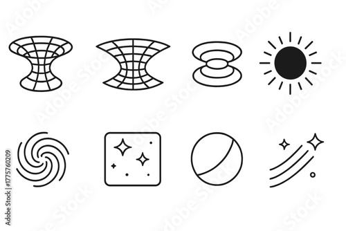 Wormhole Space Icons. Line style icons of Wormhole: Space Tunnel, Curved Spacetime, Cosmic Shortcut, Event Horizon, Vortex Swirl,