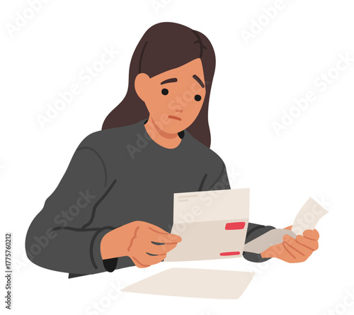 Sad woman character reading reading credit bills, utility bills, and debt notices isolated portrait