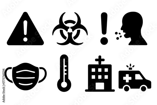 Outbreak Alert Icons. Solid style icons of outbreaks: warning triangle, hazard sign, exclamation mark, coughing figure, mask,