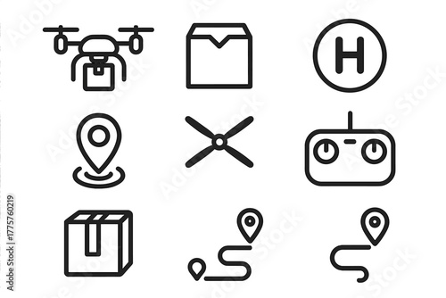 Drone Delivery Icons. Line style icons of Drone Delivery: Delivery Drone, Parcel, Landing Zone, GPS Signal, Rotor Blades,