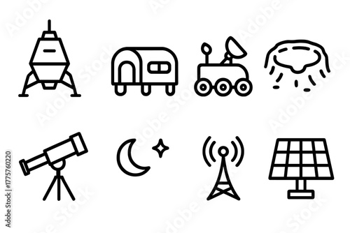 Moon Base Icons. Line style icons of Moon Base: Moon Lander, Habitation Unit, Exploration Rover, Lunar Crater, Telescope Tripod,