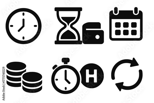 Time Management Icons. Solid style icons of time bank hour credit: clock face, hourglass, wallet, stacked coins, calendar,
