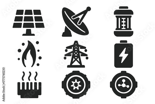 Stellar Energy Icons. Solid style icons of Stellar Energy: solar collector, beam transmitter, reactor core, plasma stream, power