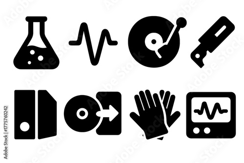 Music Lab Icons. Solid style icons of Music Preservation Lab: lab flask, sound wave, test record, calibration tool, archival