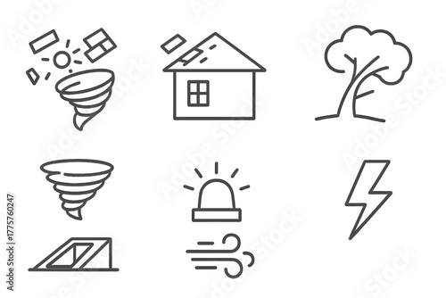 Tornado Damage Icons. Line style icons of Tornado Damage: Debris, Roof Shingles, Tree, Funnel Cloud, Storm Cellar, Warning Siren,
