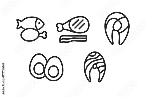 Ketogenic Diet Icons. Line style icons of ketogenic diet: protein sources, grilled chicken icon, steak cut, eggs pair symbol,